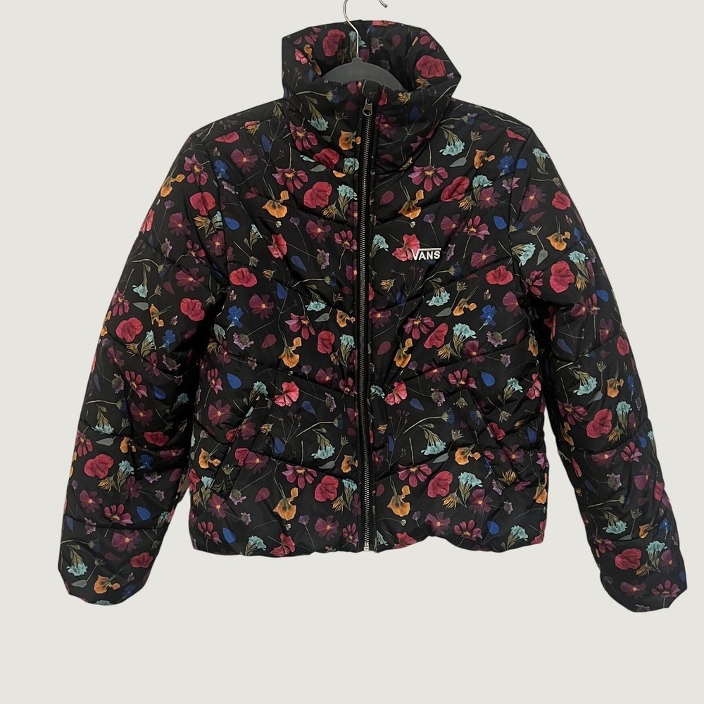 Vans Puffer Jacket Women XS Black Floral Print Quilted Full Zip 1691